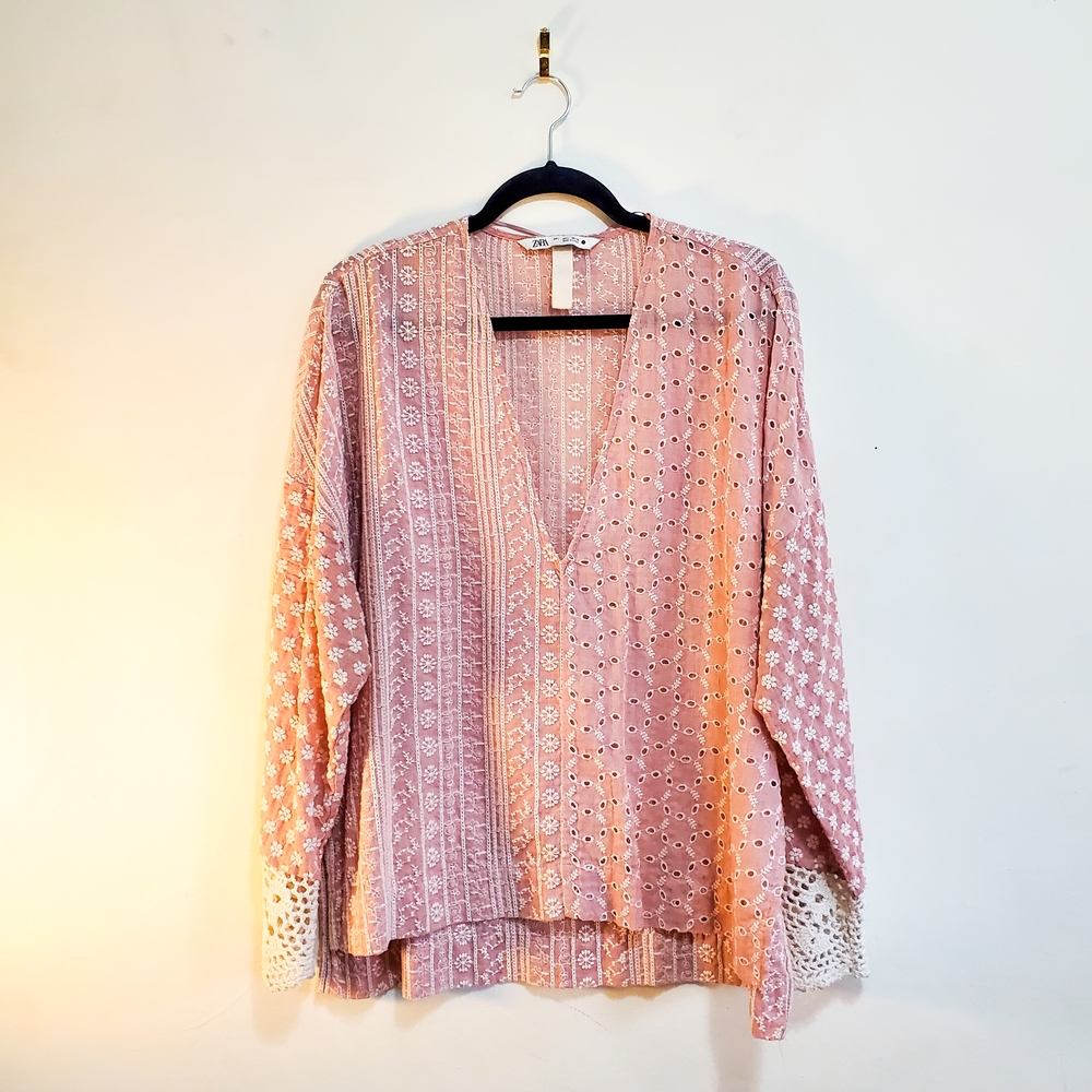 Zara Pink Hi-low Embroidered Long Sleeve Blouse